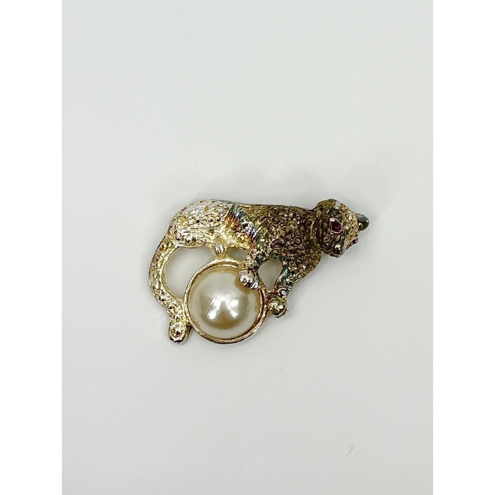 B1 Leopard Brooch Pin Rhinestone Gold Tone Faux Pearl Cabochon Statement